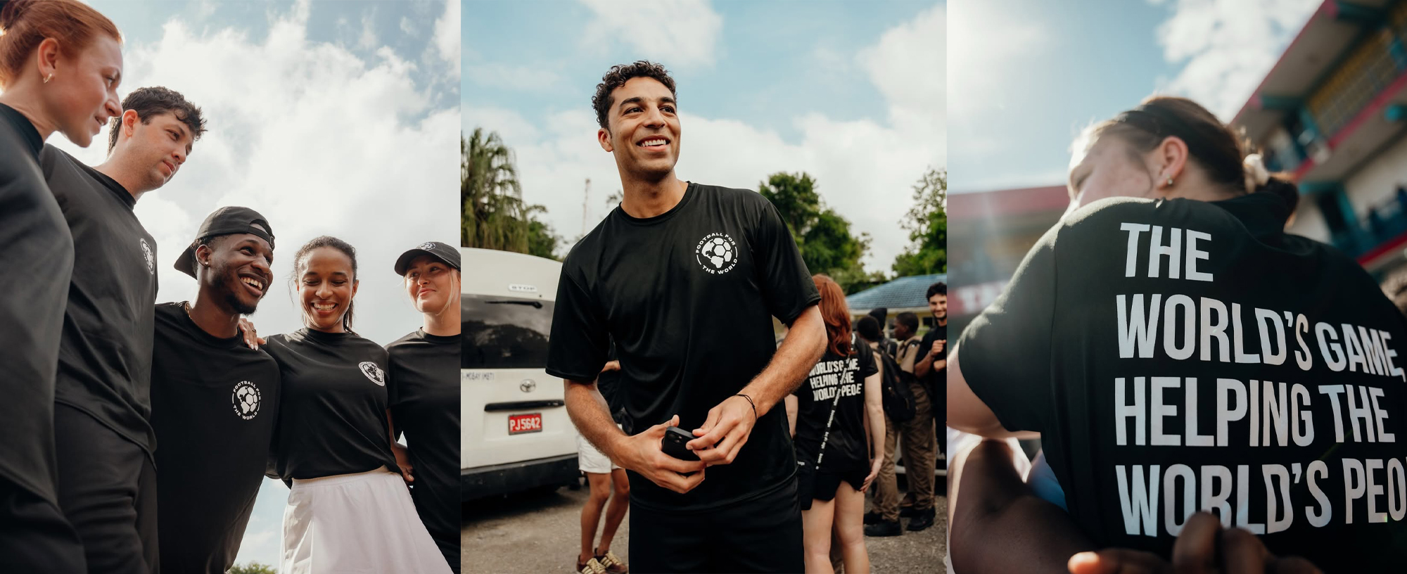 Team wearing branded t-shirts on the ground