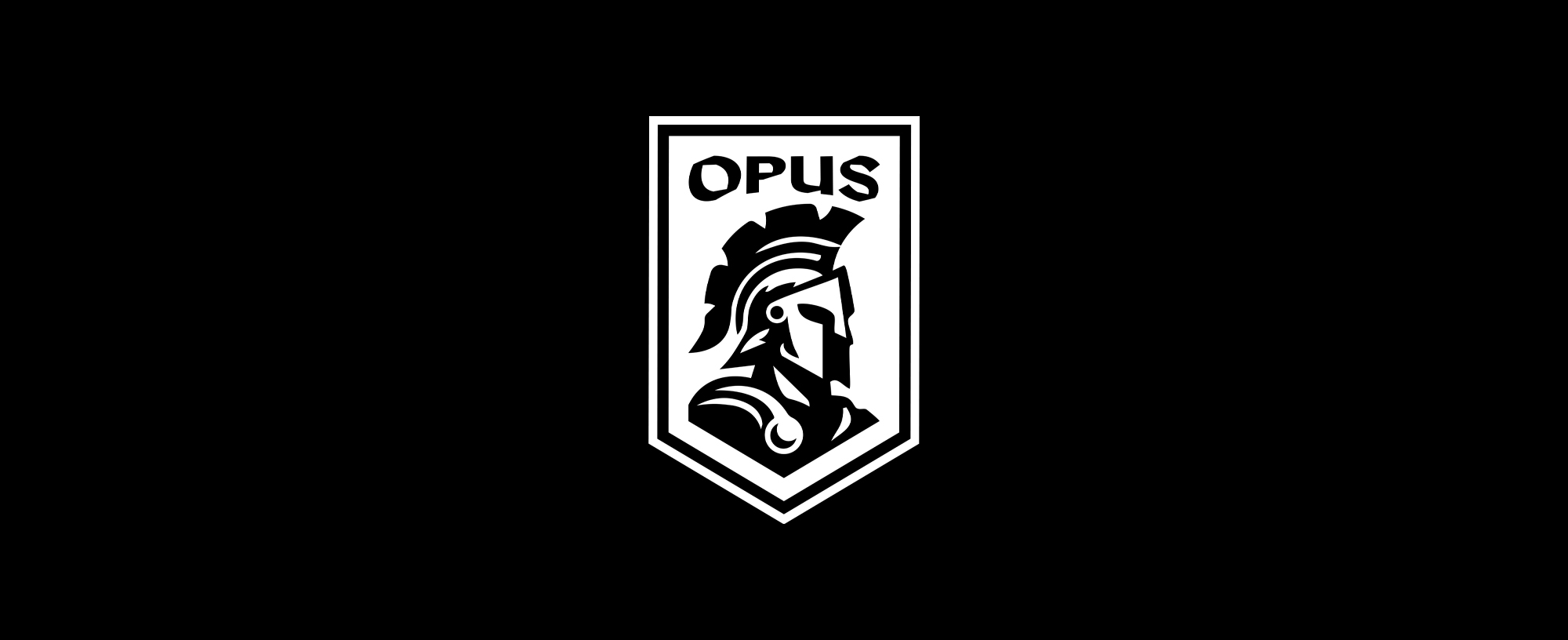 Opus Academy logo with warrior helmet on black