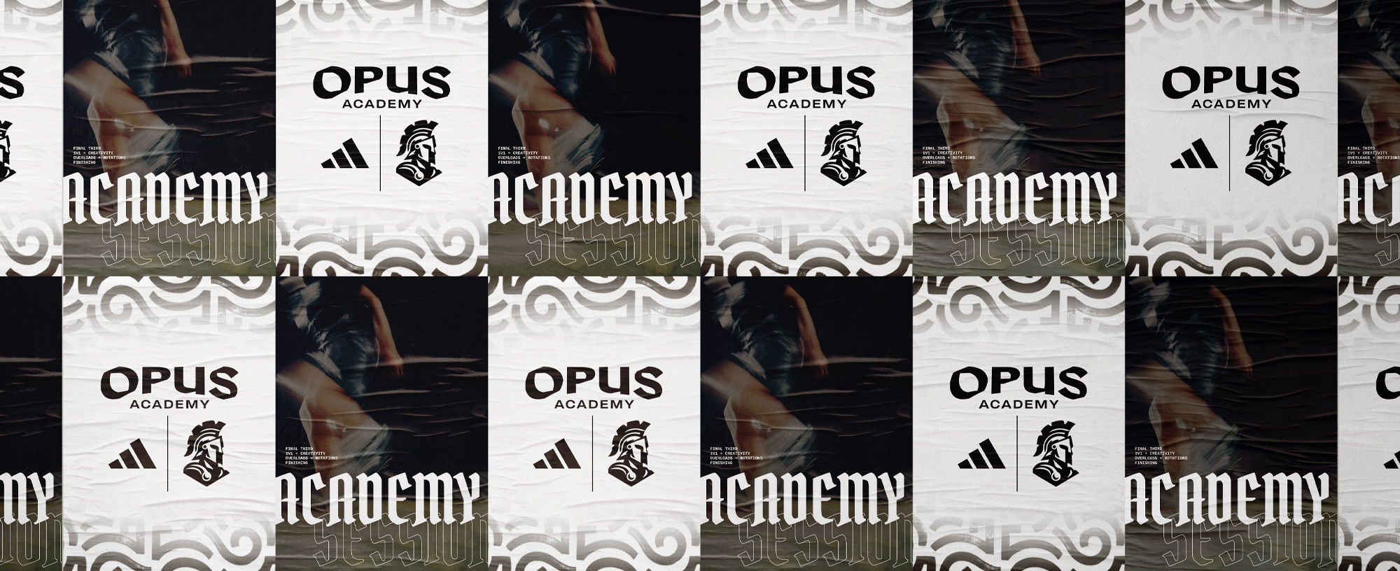 Repeating logo pattern with soccer imagery overlay