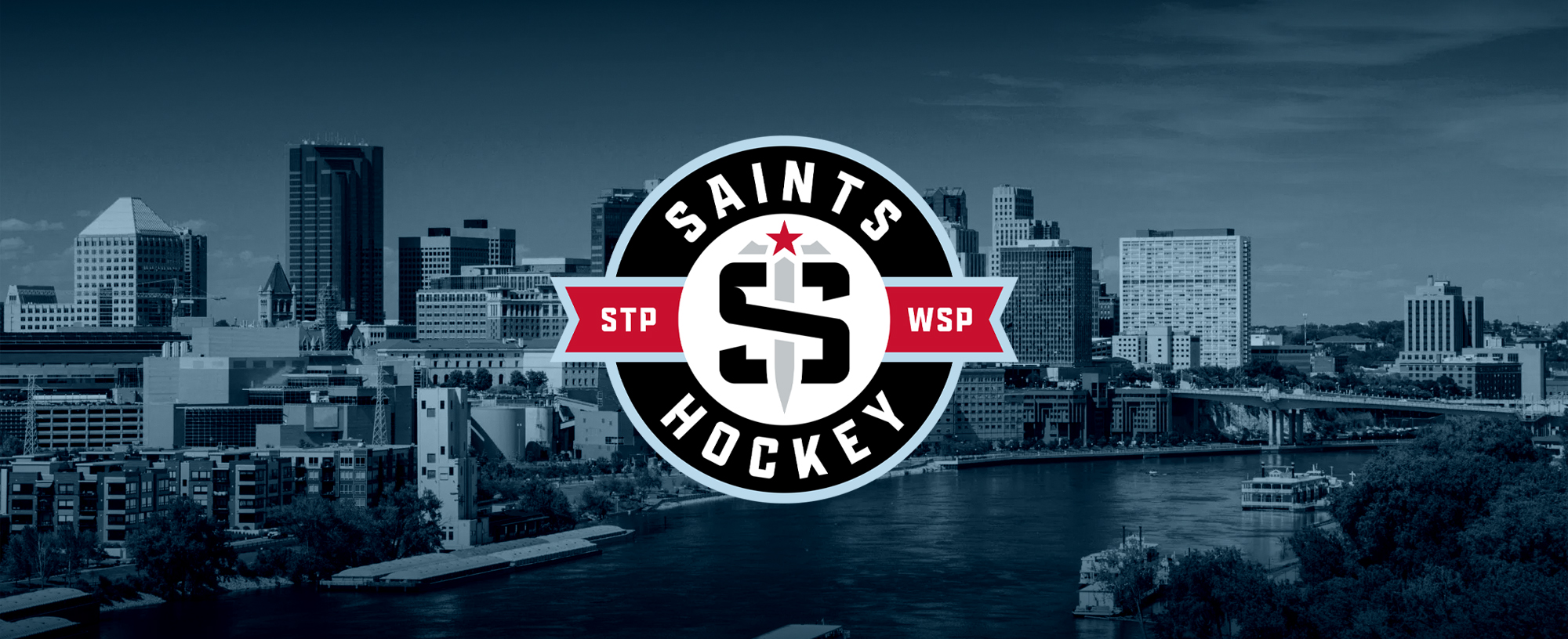 Saints Hockey Club badge over Saint Paul skyline